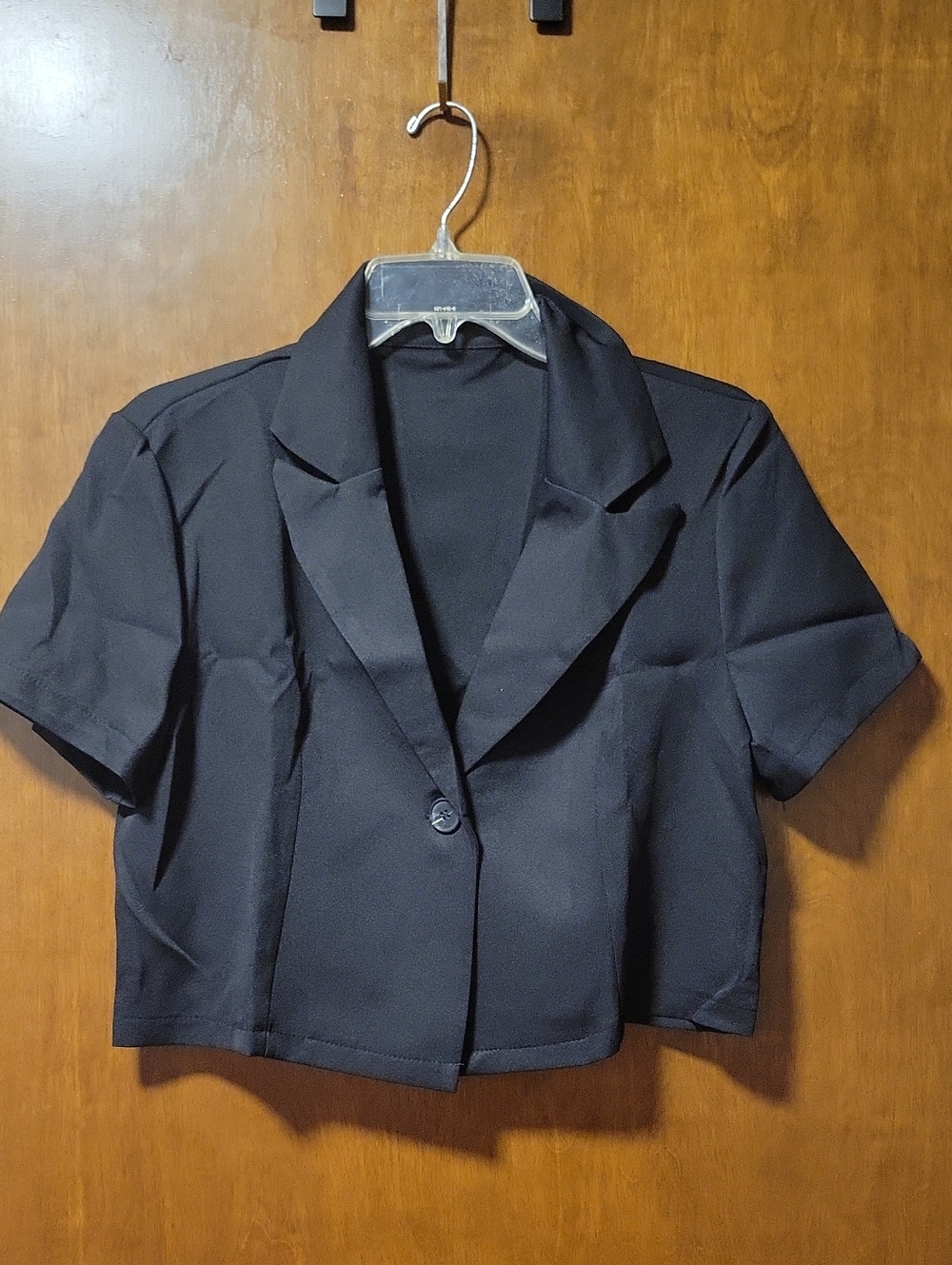 New Short Sleeve Cropped Black Blazer Single Button Womens Large
